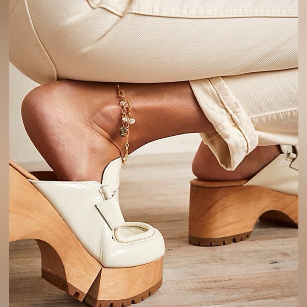 Free People Cream Leather Wooden Platform Mules - Picture 9 of 10